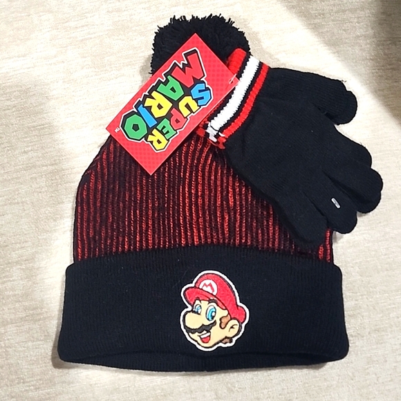 SUPER MARIO nintendo kids hat and gloves set boys girls kids new - Picture 1 of 2